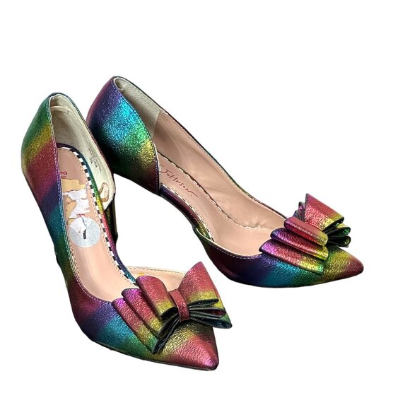 Rainbow metallic heels with bows by Betsey Johnson Size 7 - Picture 2 of 10